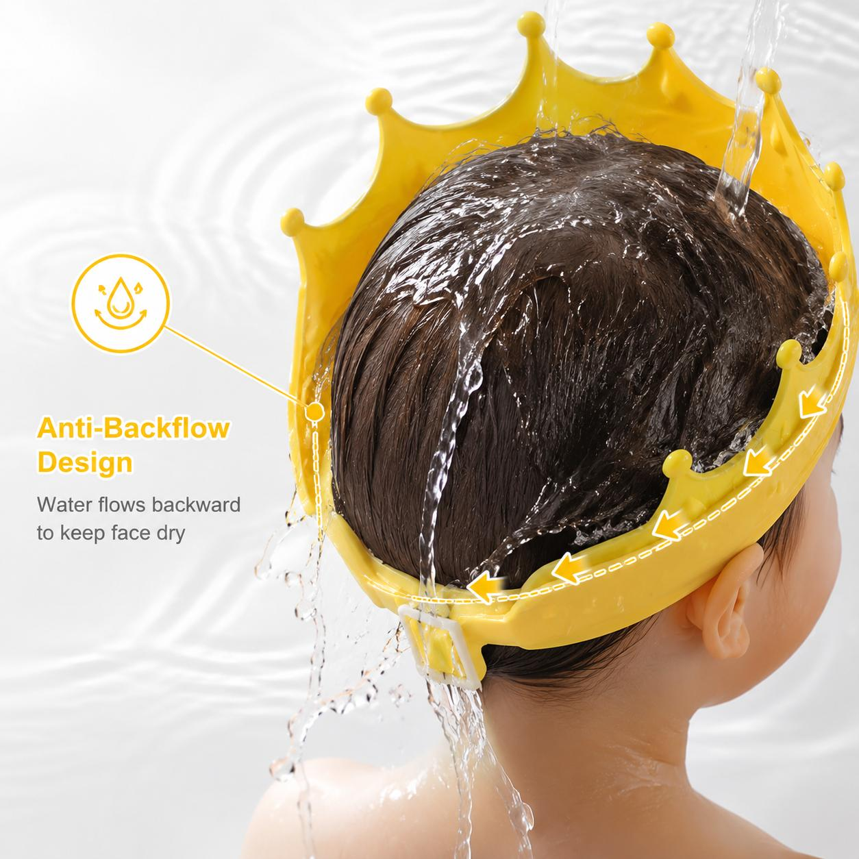 Baby Shower Cap Shield - Skin-Friendly Soft Adjustable-Size Kids Visor Hat for 0-9 Years Old, Eye Protection, Ear Protection, Cute Crown Shape for Bath Time (Yellow)