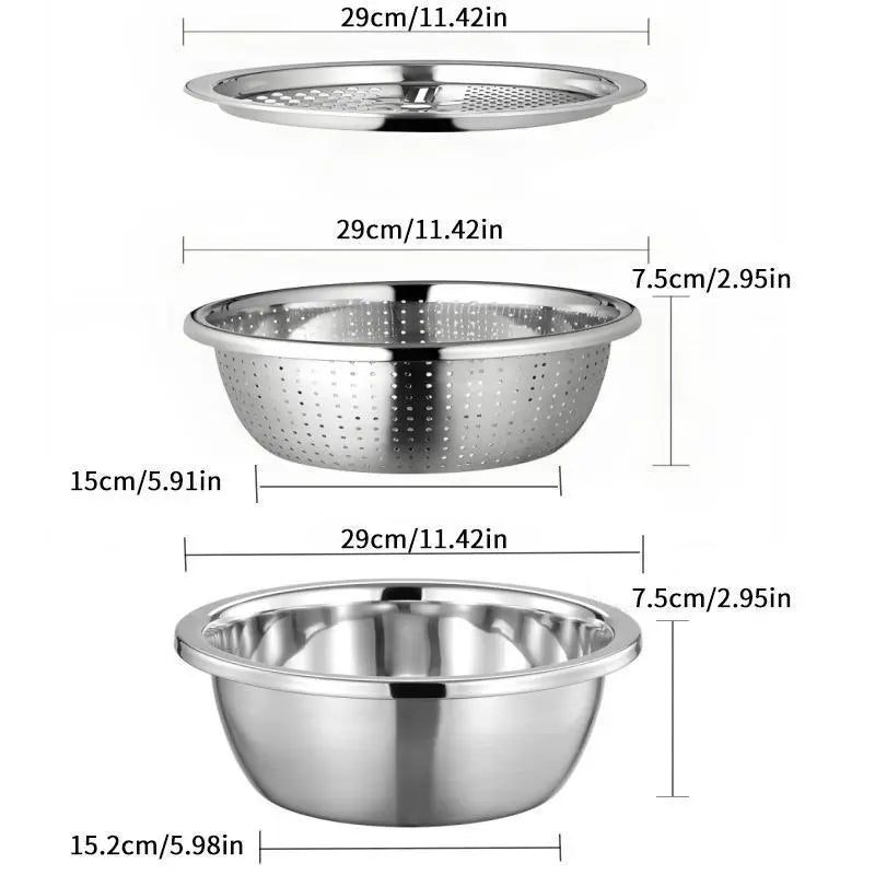 🔥Limited Time-49% OFF🔥3-in-1 Multifunction Kitchen Strainer Set 🥕🥦– Stainless Steel Wash, Drain & Slice Bowl