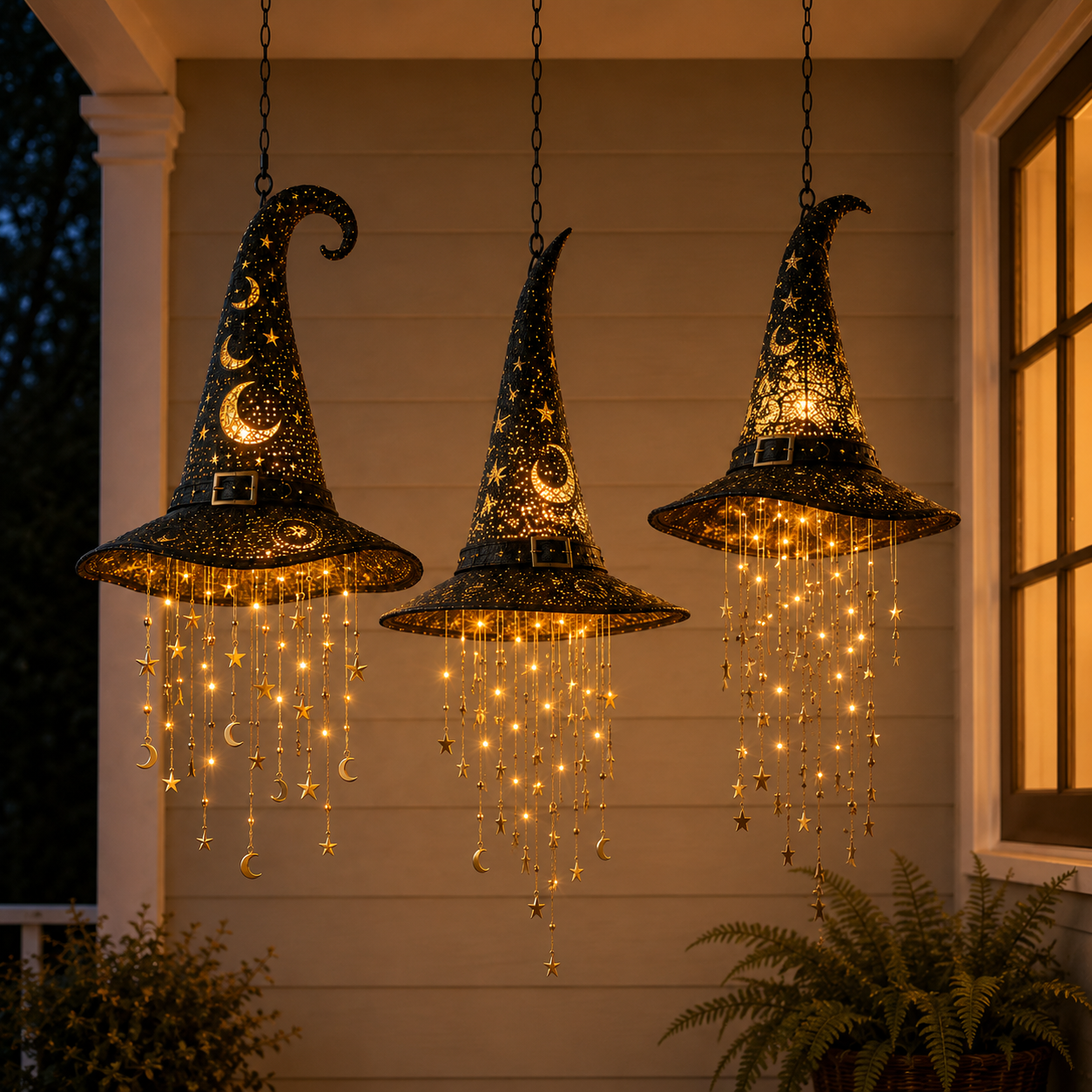 🧙♀️ Lighted Witch Hat Hanging Chime ✨ Battery-Powered Halloween Décor with Remote Control