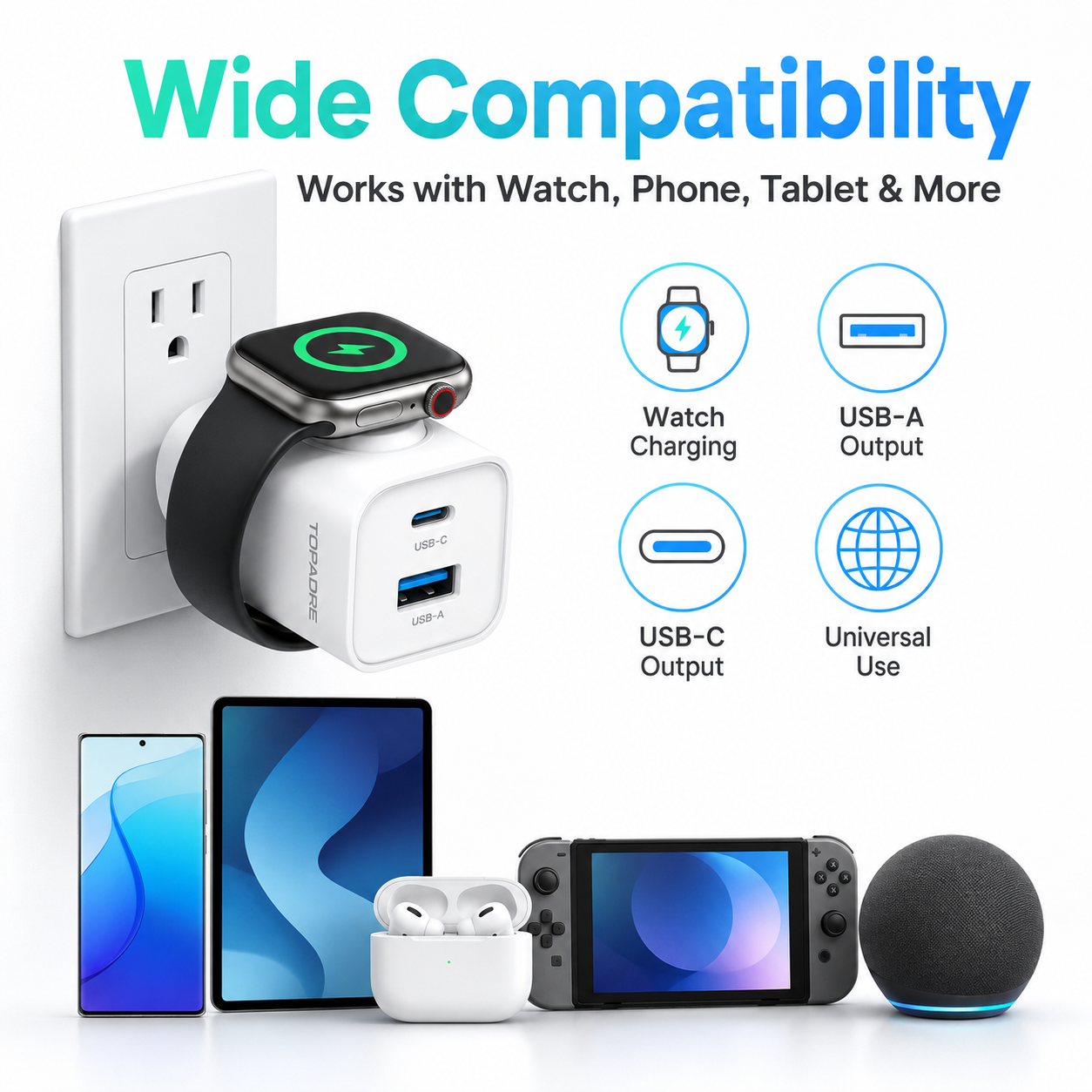 🔌 3-in-1 Wall Charger – Built-In Watch Charger with USB-A & USB-C Ports