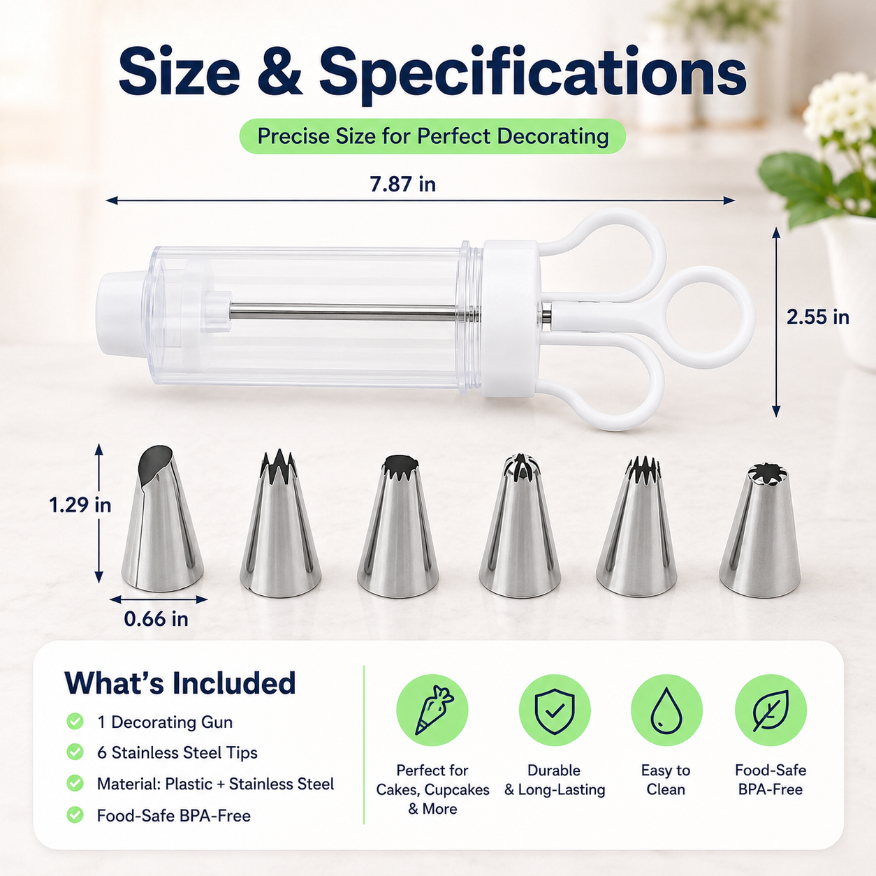 Stainless Steel Cake Decorating Gun Kit – 6 Icing Nozzles & Pastry Piping Set for Cakes, Cupcakes & Desserts