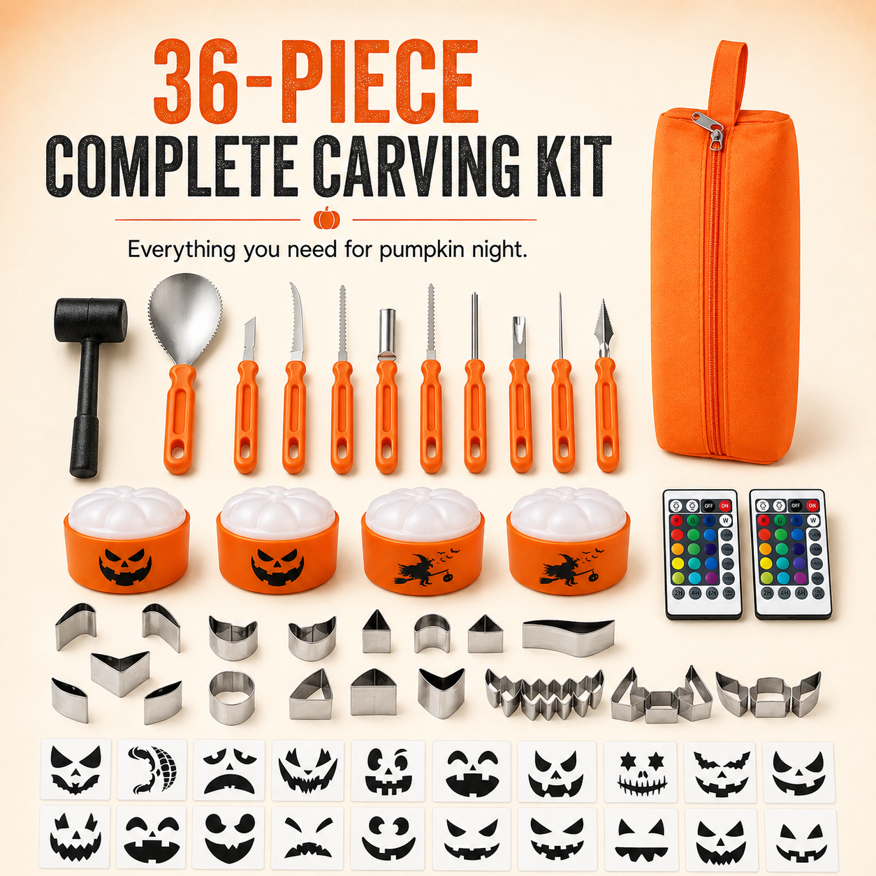 ๐ 36-Piece Pumpkin Carving Kit with 16-Color LED Lights