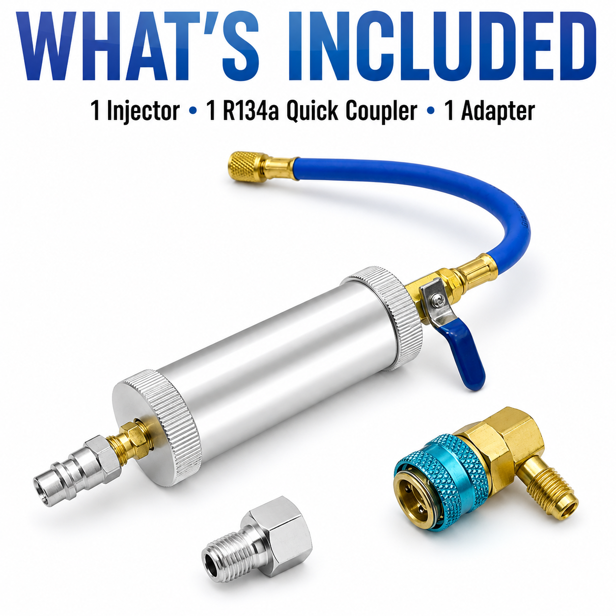 Air conditioning oil dye injector - with 1/4-inch SAE male and female connectors, suitable for R134a, R12, and R22 refrigerant systems.