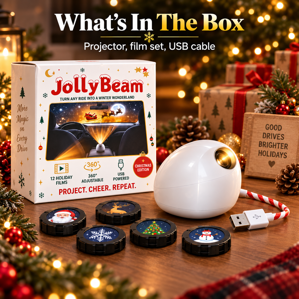 π JollyBeam Car Window Projector β¨ 12 Holiday Films USB Christmas Car Decor