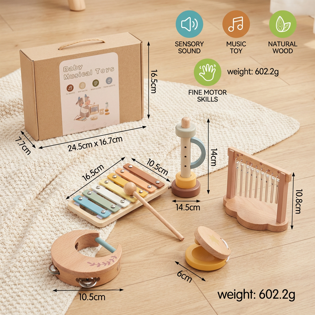 6-Piece Wooden Baby Musical Instrument Set – Sensory Sound & Music Toy