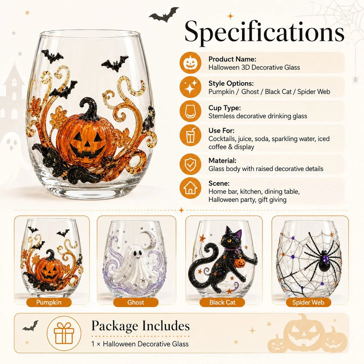 🔥 Last Day of Halloween Clearance Sale! 🎃 3D Halloween Artisan Glass Cups, Festive Parties & Cozy Fall Home Bar Vibes