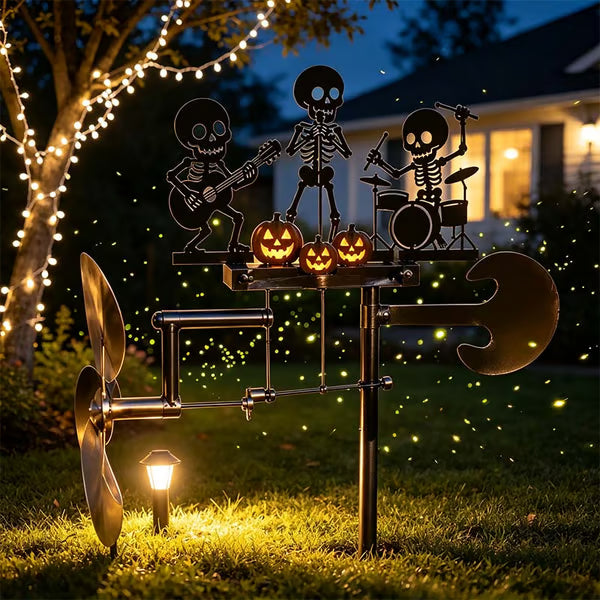 🎃💀 Halloween Skeleton Drummer Metal Kinetic Wind Spinner – Spooky Outdoor Garden Décor 🥁🌬️✨