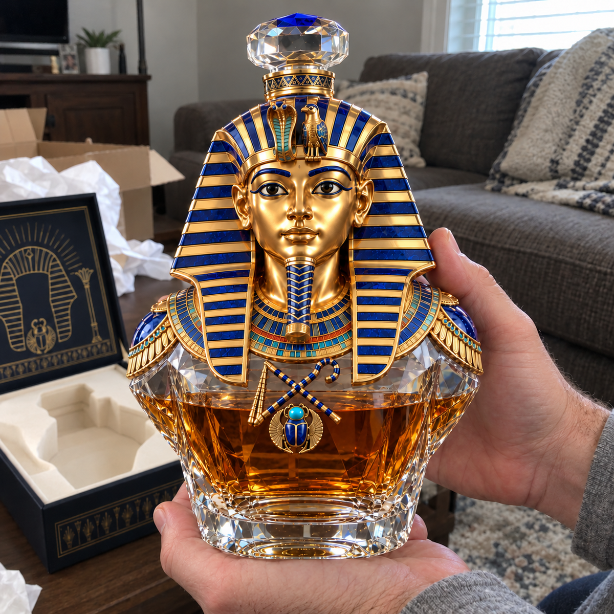 👑 Tutankhamun’s Legacy Whiskey Decanter — Blue & Gold Limited Custom Edition