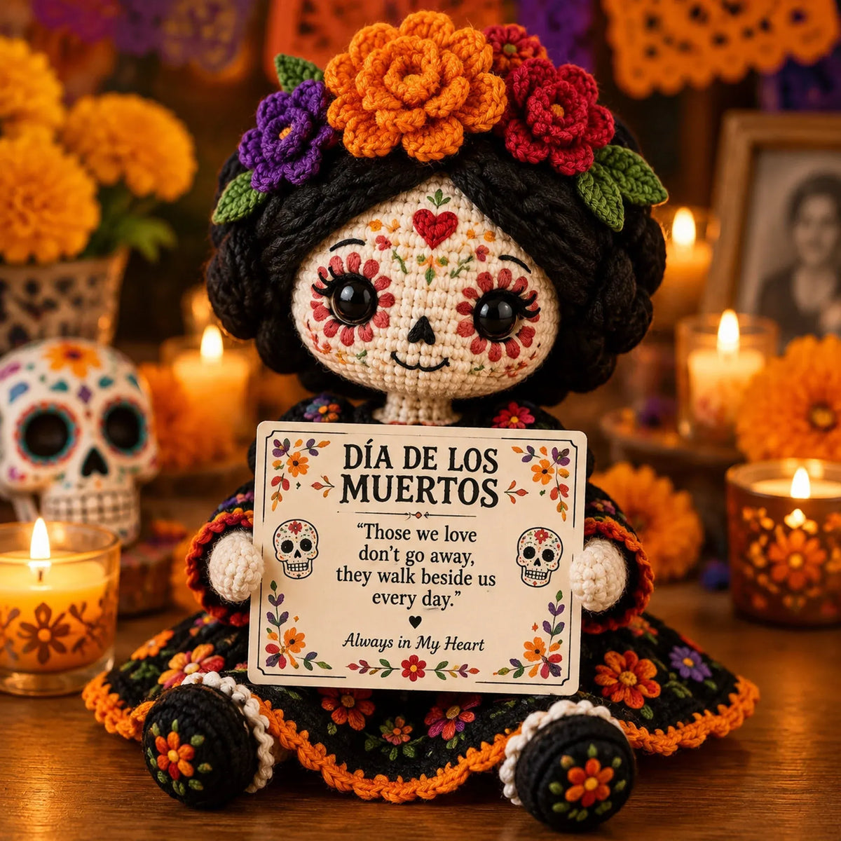 đ€Handcrafted DĂa de los Muertos Catrina Crochet Doll â Sugar Skull Memorial Keepsake