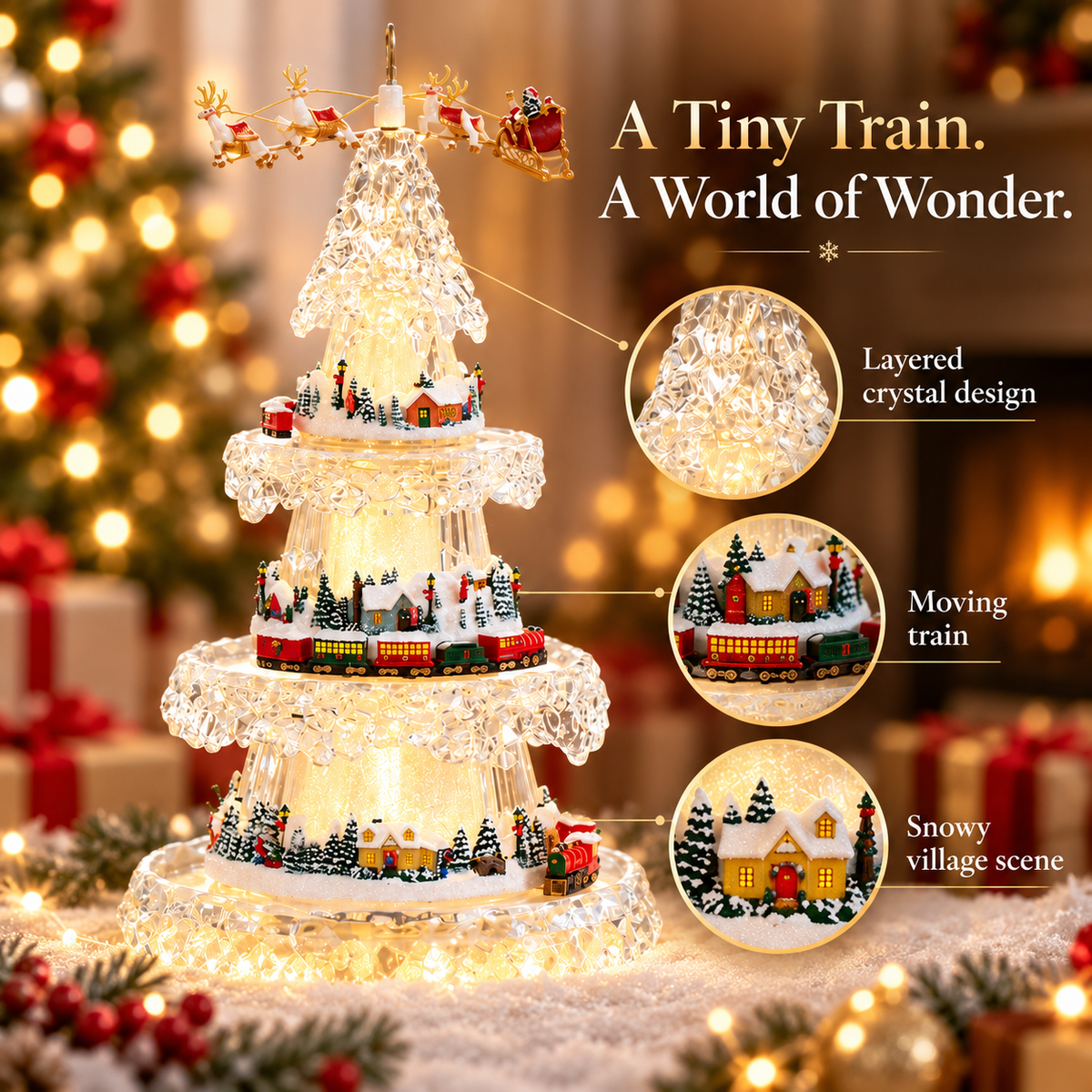 🎄Musical Christmas Tree with Animated Train – Light-Up Acrylic Holiday Village Tabletop Decoration