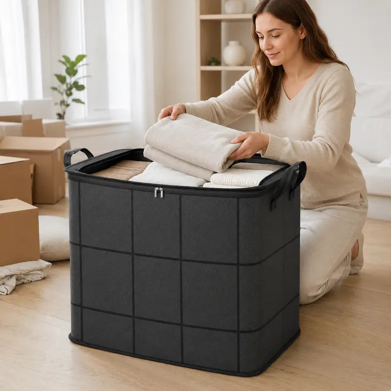 Spacious Foldable Fabric Zippered Storage Bin for Moving & Bedroom Closet📦