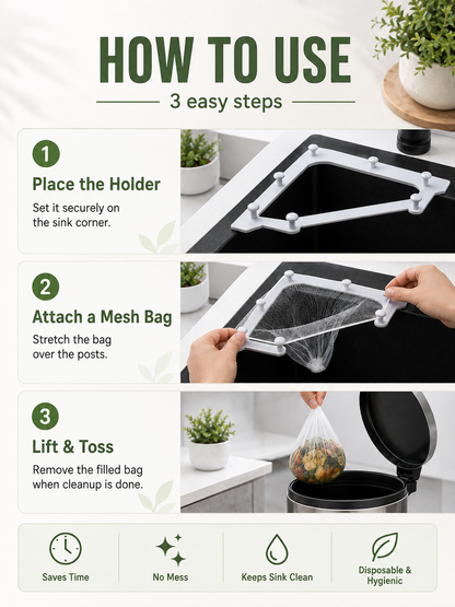 🗑️ Smart Sink Strainer Holder Kit With 50 Mesh Bags – Keep Food Scraps Away From Your Drain