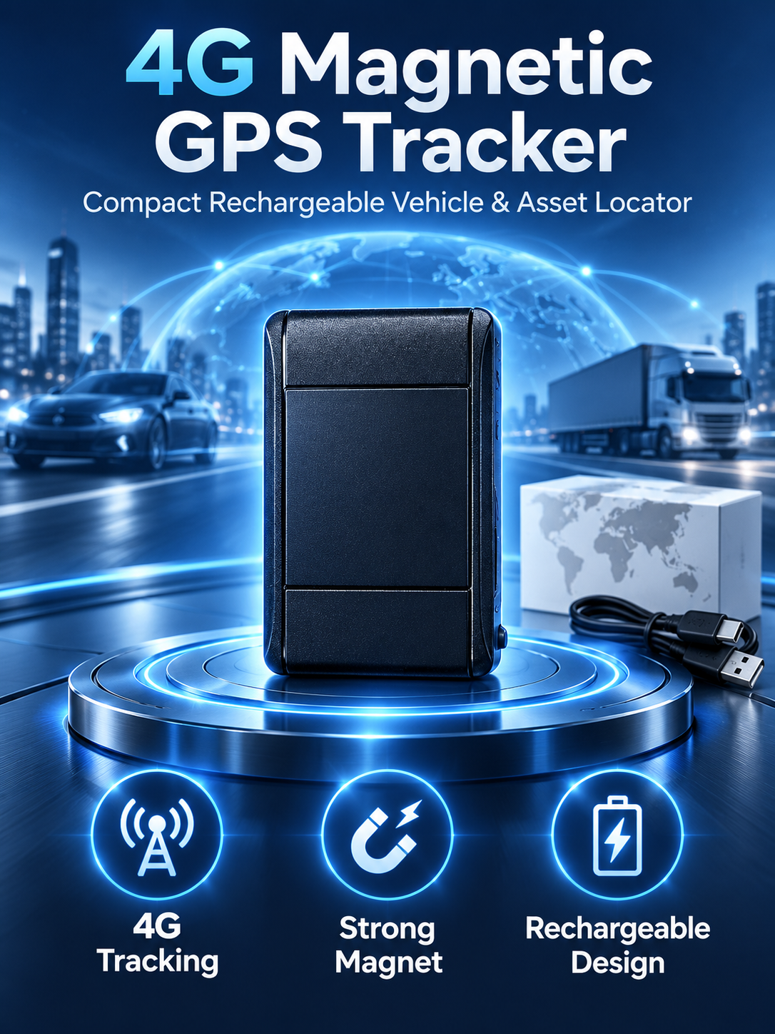 📍 4G Magnetic GPS Tracker – Rechargeable Vehicle & Asset Locator