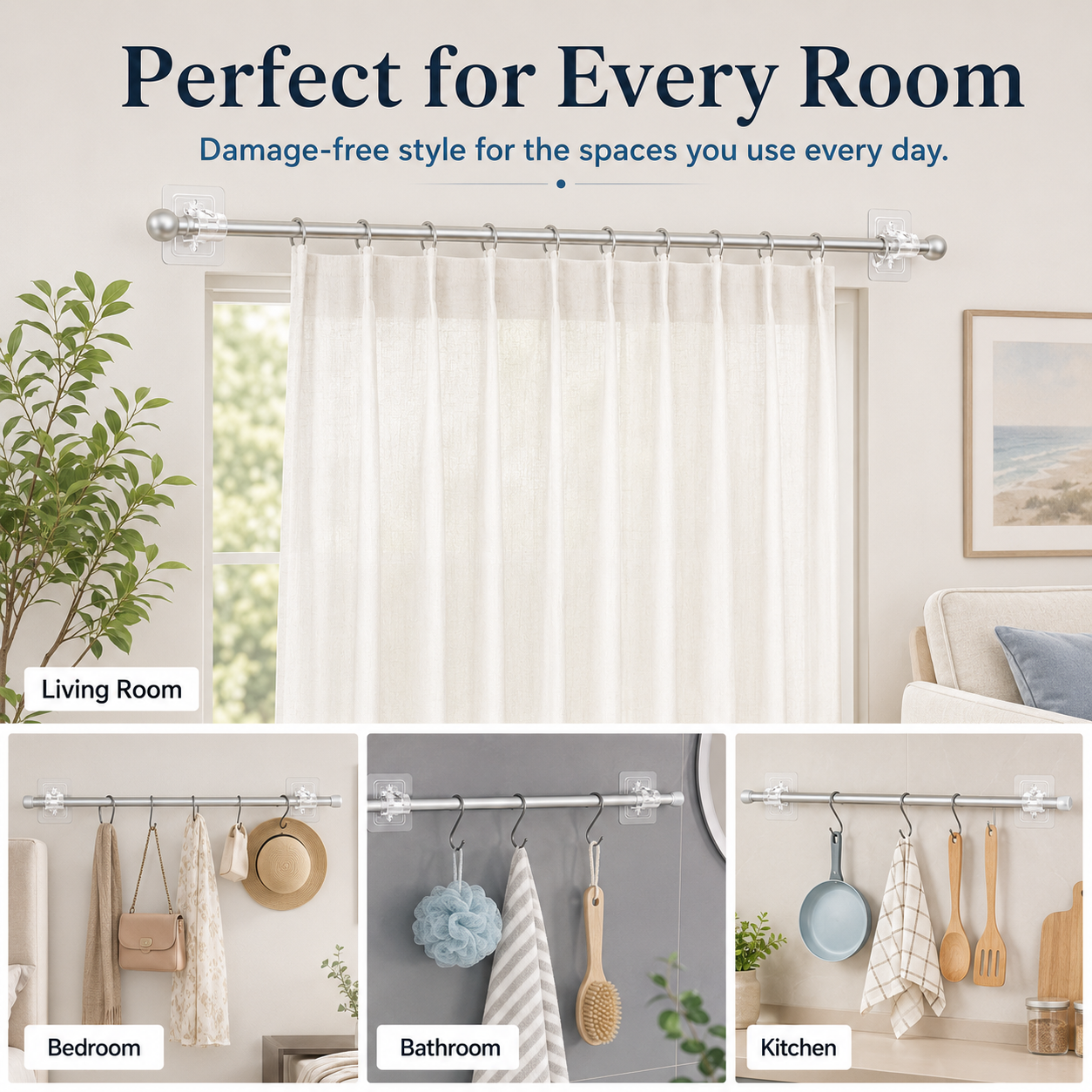 8PCS No-Drill Self-Adhesive Curtain Rod Brackets – Heavy Duty Wall Hooks for Curtain Rods, Damage-Free Installation