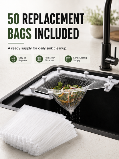 🗑️ Smart Sink Strainer Holder Kit With 50 Mesh Bags – Keep Food Scraps Away From Your Drain