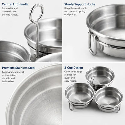 3-Cup Stainless Steel Egg Poacher, 3 Cavity Egg Steamer Mold with Handle, Reusable Egg Poaching Cups for Poached Eggs, Steamed Eggs, Breakfast & Dessert Making