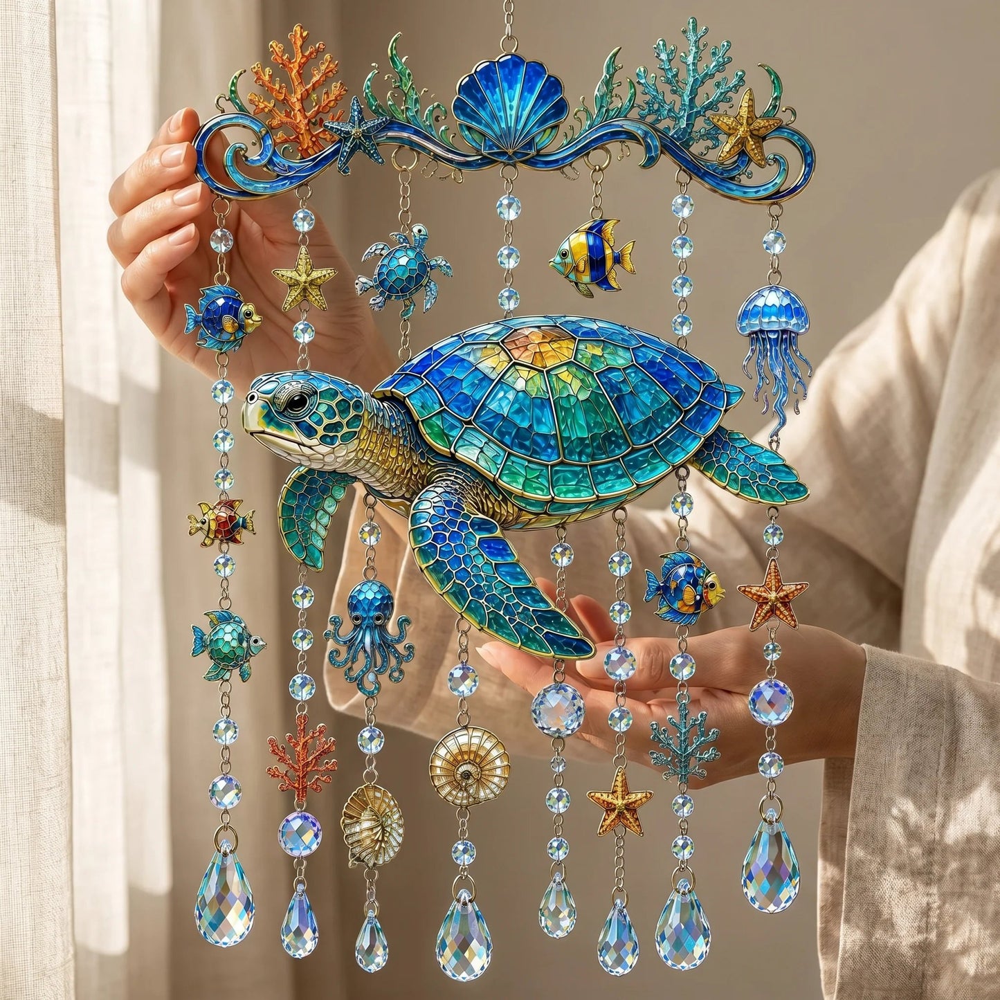 🔥🐋🐢🐬Ocean-Themed Crystal Wind Chime – 🌊Bring the Ocean Glow to Your Garden