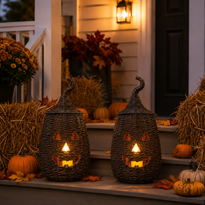 Rustic Wicker Pumpkin Candle Holder - Handwoven Jack-O’-Lantern Halloween Porch Decor