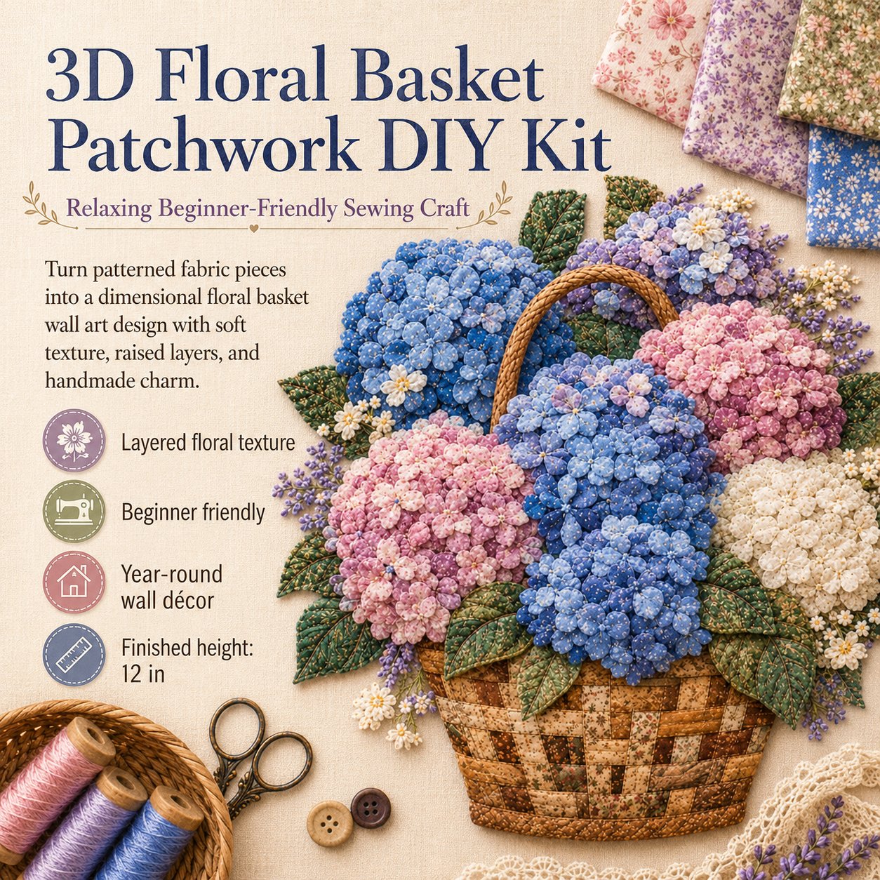 🌸Floral Basket Patchwork DIY Kit | 3D Layered Fabric Flower Art Craft for Home Decor & Gifts