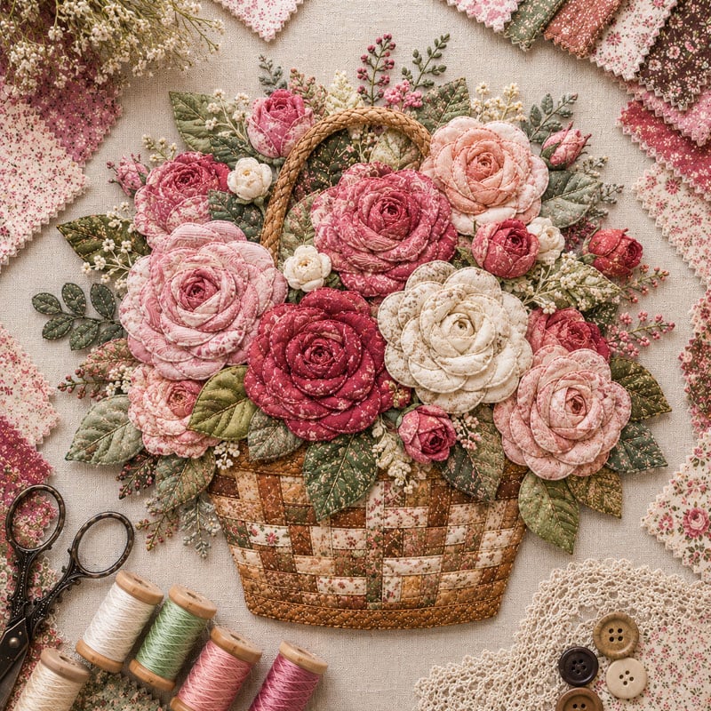 🌸Floral Basket Patchwork DIY Kit | 3D Layered Fabric Flower Art Craft for Home Decor & Gifts
