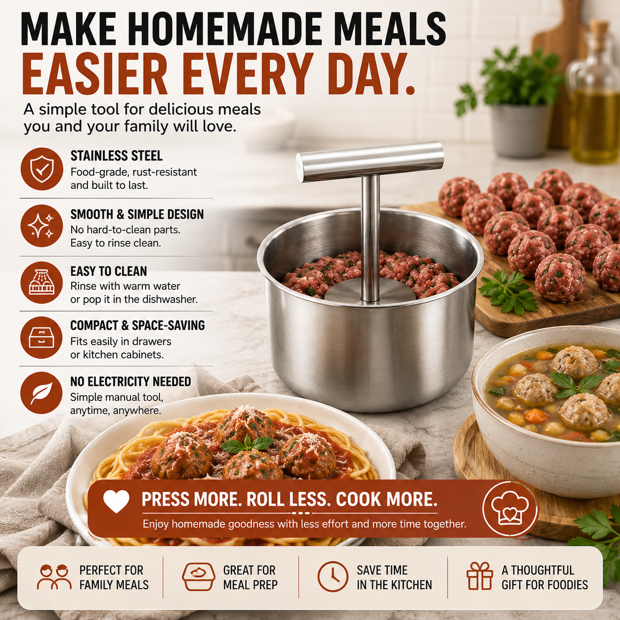🔥 49% OFF TODAY🍝 Stainless Steel Meatball Press – Perfect Meatballs Every Time