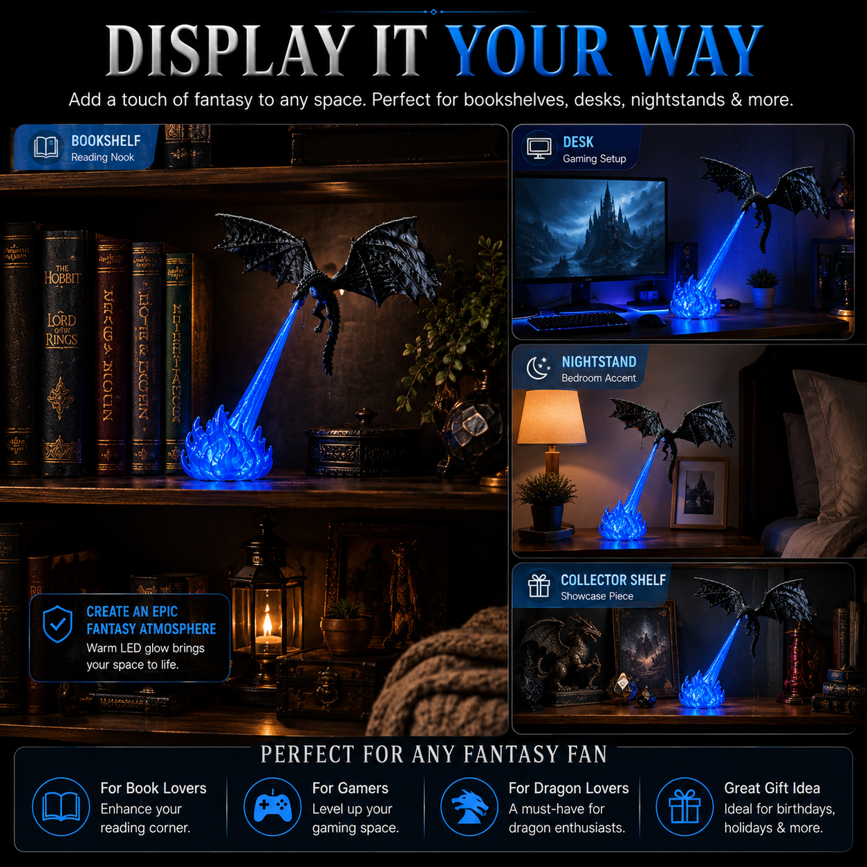 🐉🔥 3D Fire‑Breathing Dragon LED Light | Glowing Fantasy Bookshelf Decor