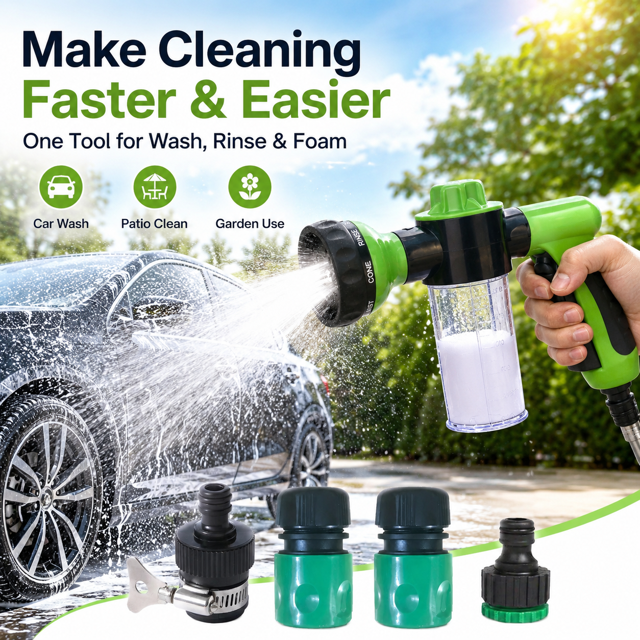🔥 2-in-1 Foam Spray Nozzle – 8-Pattern Garden Hose Sprayer with Soap Dispenser