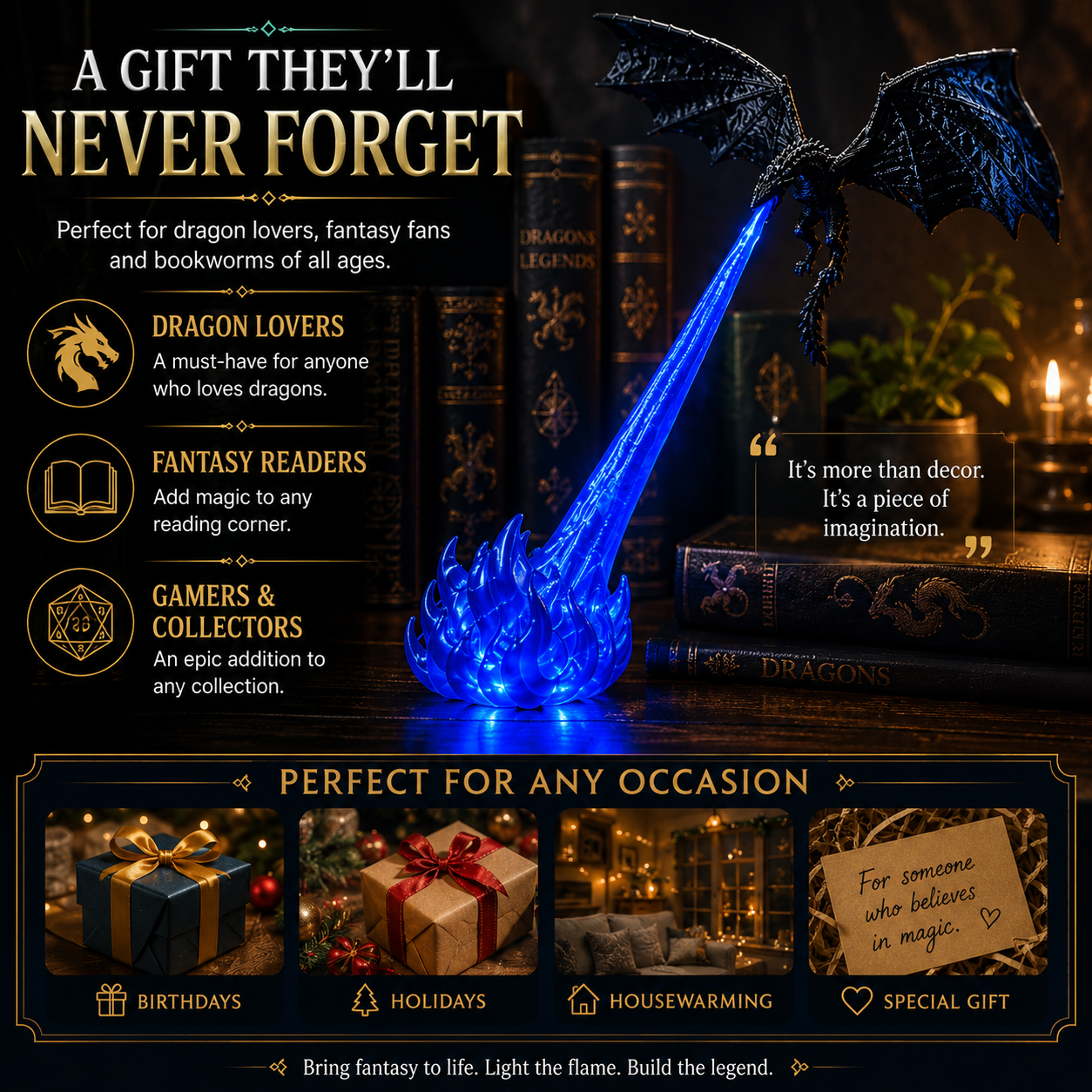 🐉🔥 3D Fire‑Breathing Dragon LED Light | Glowing Fantasy Bookshelf Decor