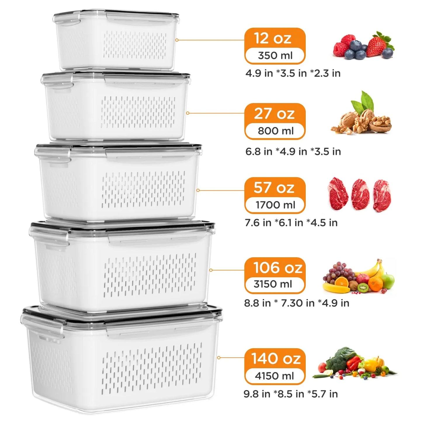 🔥🥗 5 Pack Stackable Fridge Organizers with Removable Colander & Keep Food Fresh ✨