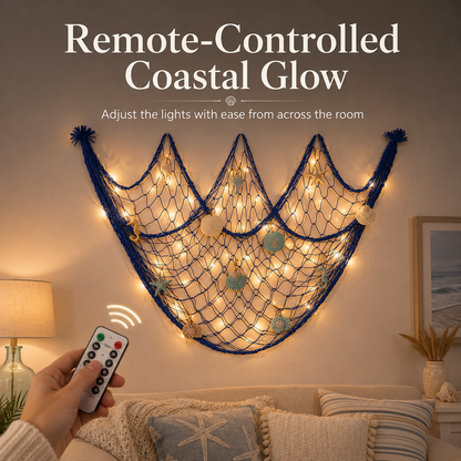 🌊✨ Coastal Fishing Net Wall Hanging with Fairy Lights