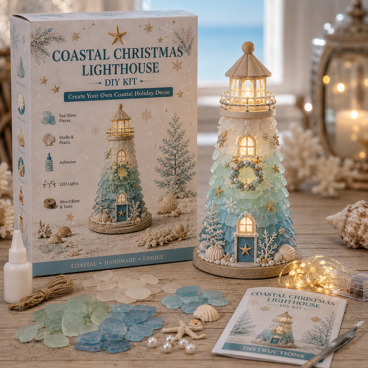 🌊🧜‍♀️✨ DIY Sea Glass Lighthouse Kit 🎨🗼– Light-Up Coastal Craft & Handmade Home Decor 🏠💡🏖️