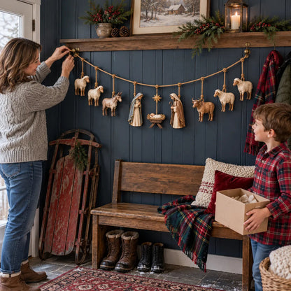 🎄 Handcrafted Wooden Nativity Garland – Rustic Christmas Decor