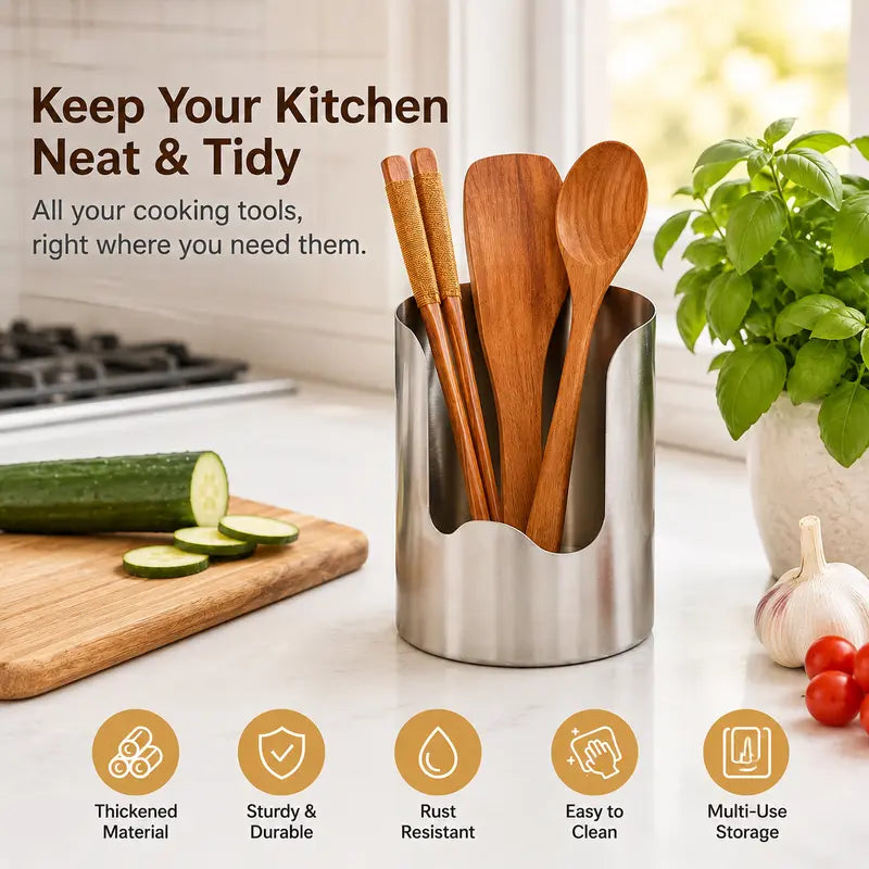 ✨ Stainless Steel Kitchen Utensil Holder – 🍳Open-Front Countertop Organizer for Spoons, Spatulas & Everyday Tools