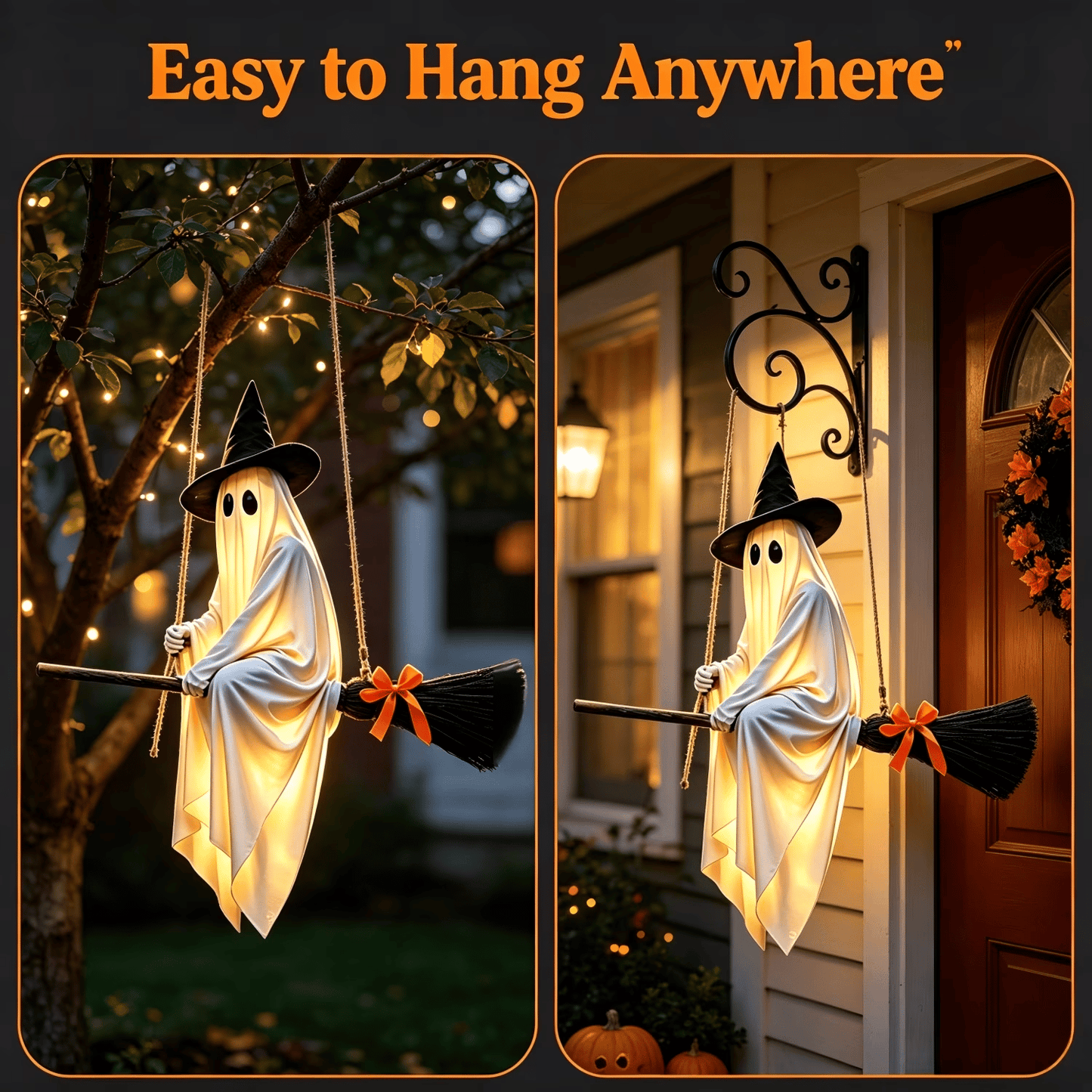 Light-Up Flying Broom Ghost Halloween Decoration