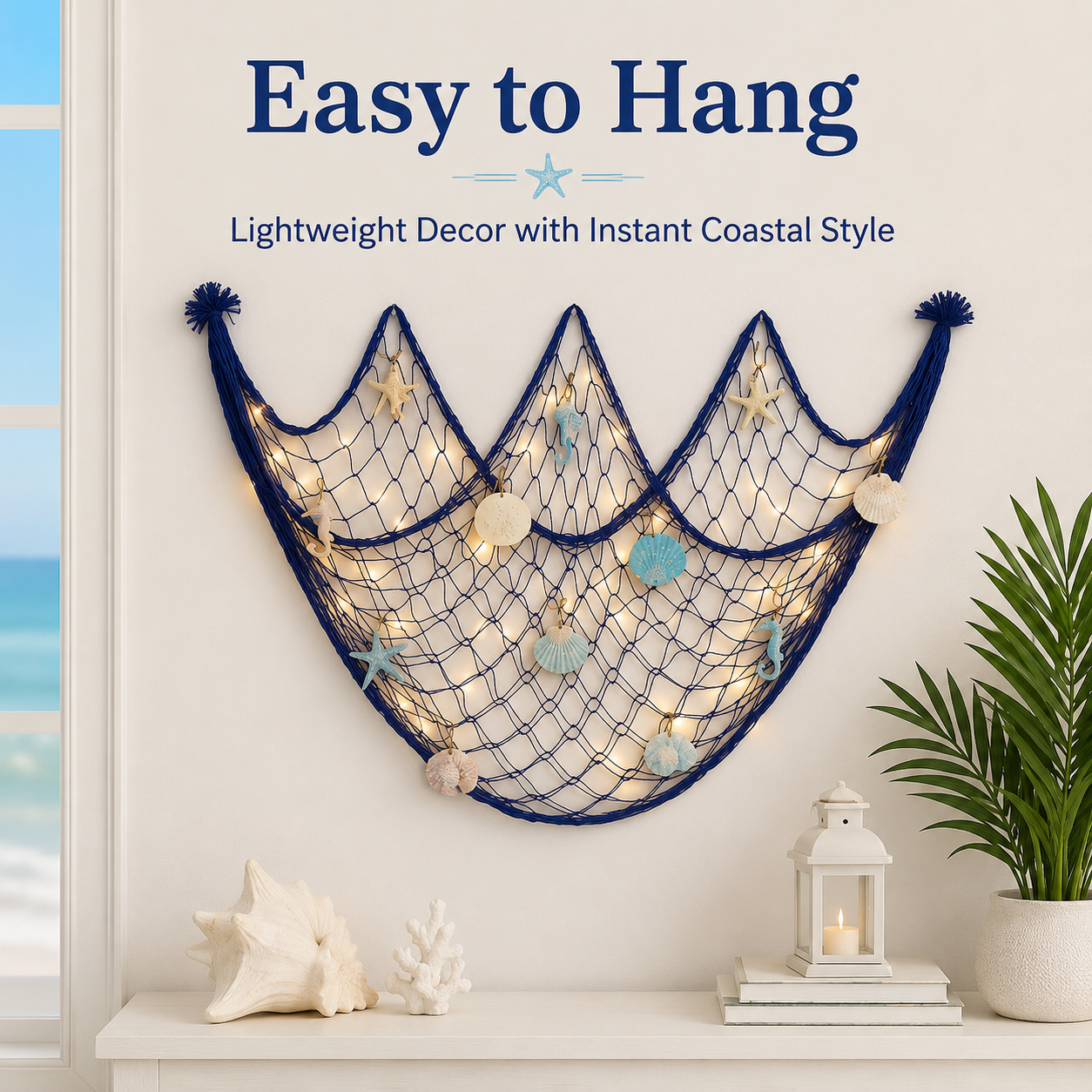 🌊✨ Coastal Fishing Net Wall Hanging with Fairy Lights