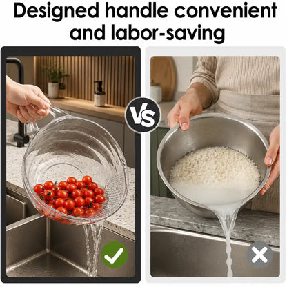 🍚🥣✨ Multipurpose Rice Strainer Bowl with Handle – Easy-Drain Kitchen Colander 💧👩‍🍳🥕🥦