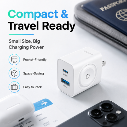 🔌 3-in-1 Wall Charger – Built-In Watch Charger with USB-A & USB-C Ports