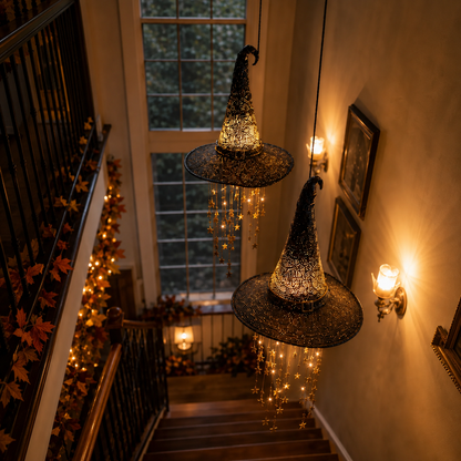 🧙‍♀️ Lighted Witch Hat Hanging Chime ✨ Battery-Powered Halloween Décor with Remote Control