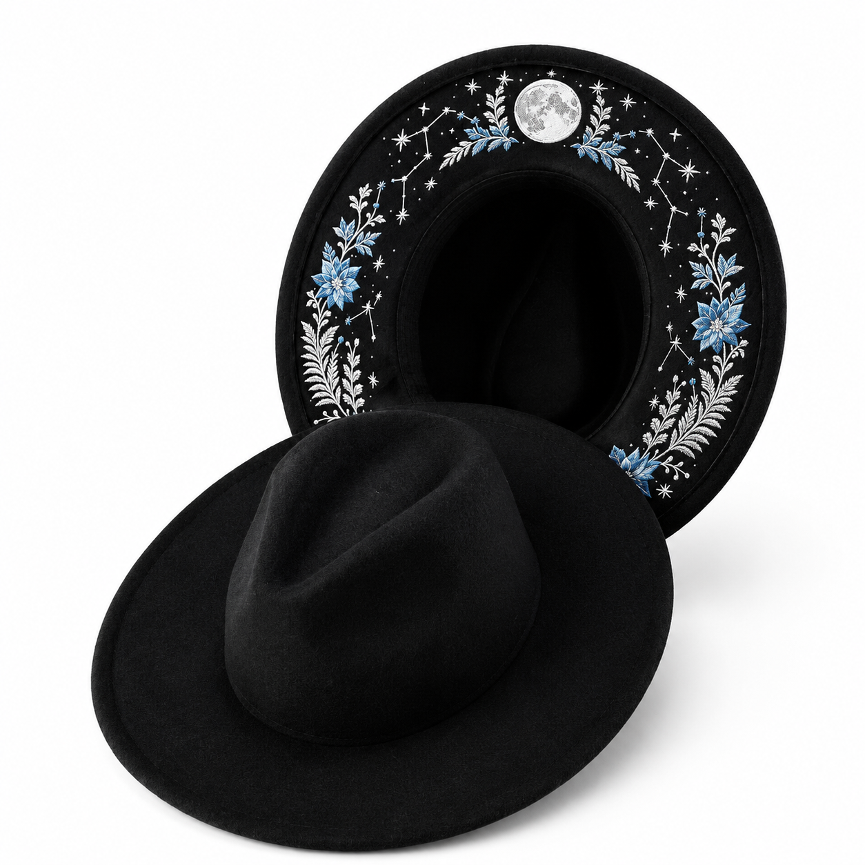 🌙 Embroidered Underbrim Wide-Brim Felt Hat – Gothic Mystic Art ✨