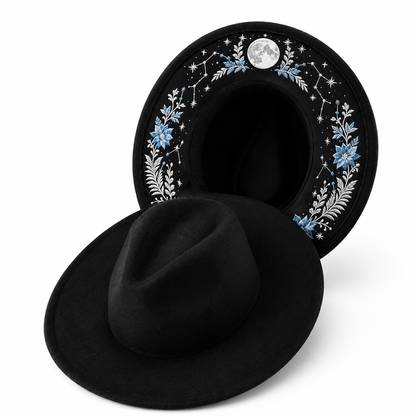 🌙 Embroidered Underbrim Wide-Brim Felt Hat – Gothic Mystic Art ✨