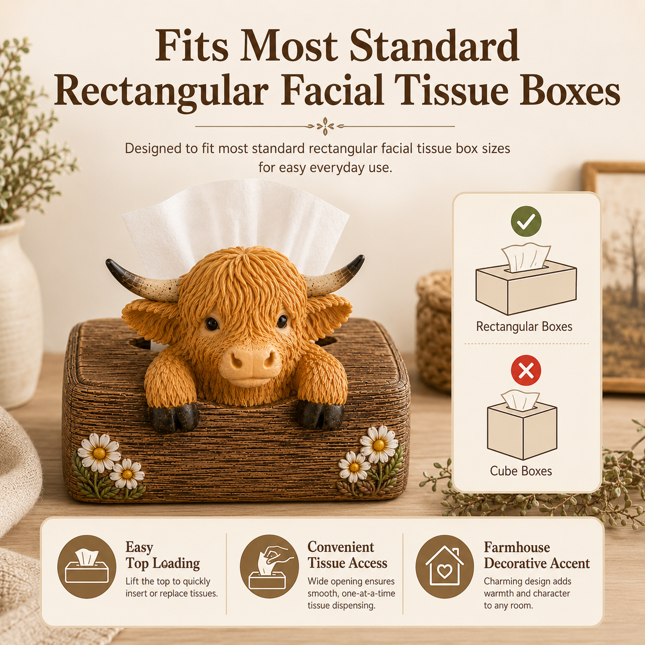 🐮 Cute Highland Cow Farmhouse Décor – Rustic Country Home Accent for Living Room, Kitchen & Entryway