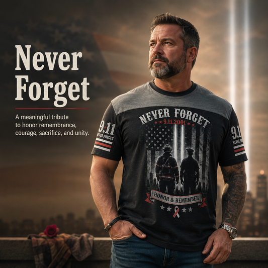 9/11 Memorial Tribute T-Shirt – Twin Towers, Eagle and American Flag Design