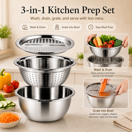🔥Limited Time-49% OFF🔥3-in-1 Multifunction Kitchen Strainer Set 🥕🥦– Stainless Steel Wash, Drain & Slice Bowl