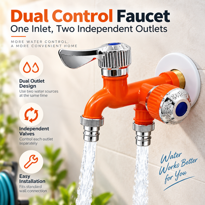 🔧 1-In-2-Out Plastic Water Tap – Dual Independent Control Valves, 3/4' Universal Fit, Leak-Proof Ceramic Core, All-Weather Resistant