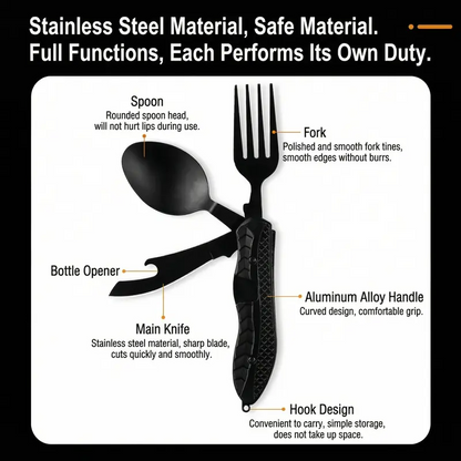 🔥Foldable Stainless Steel Camping Multitool Utensil Set | Portable Quick-Detach Fork, Spoon & Knife