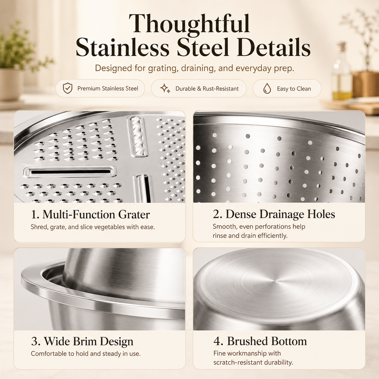 🔥Limited Time-49% OFF🔥3-in-1 Multifunction Kitchen Strainer Set 🥕🥦– Stainless Steel Wash, Drain & Slice Bowl
