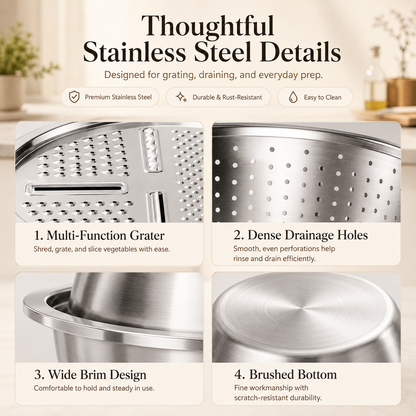 🔥Limited Time-49% OFF🔥3-in-1 Multifunction Kitchen Strainer Set 🥕🥦– Stainless Steel Wash, Drain & Slice Bowl