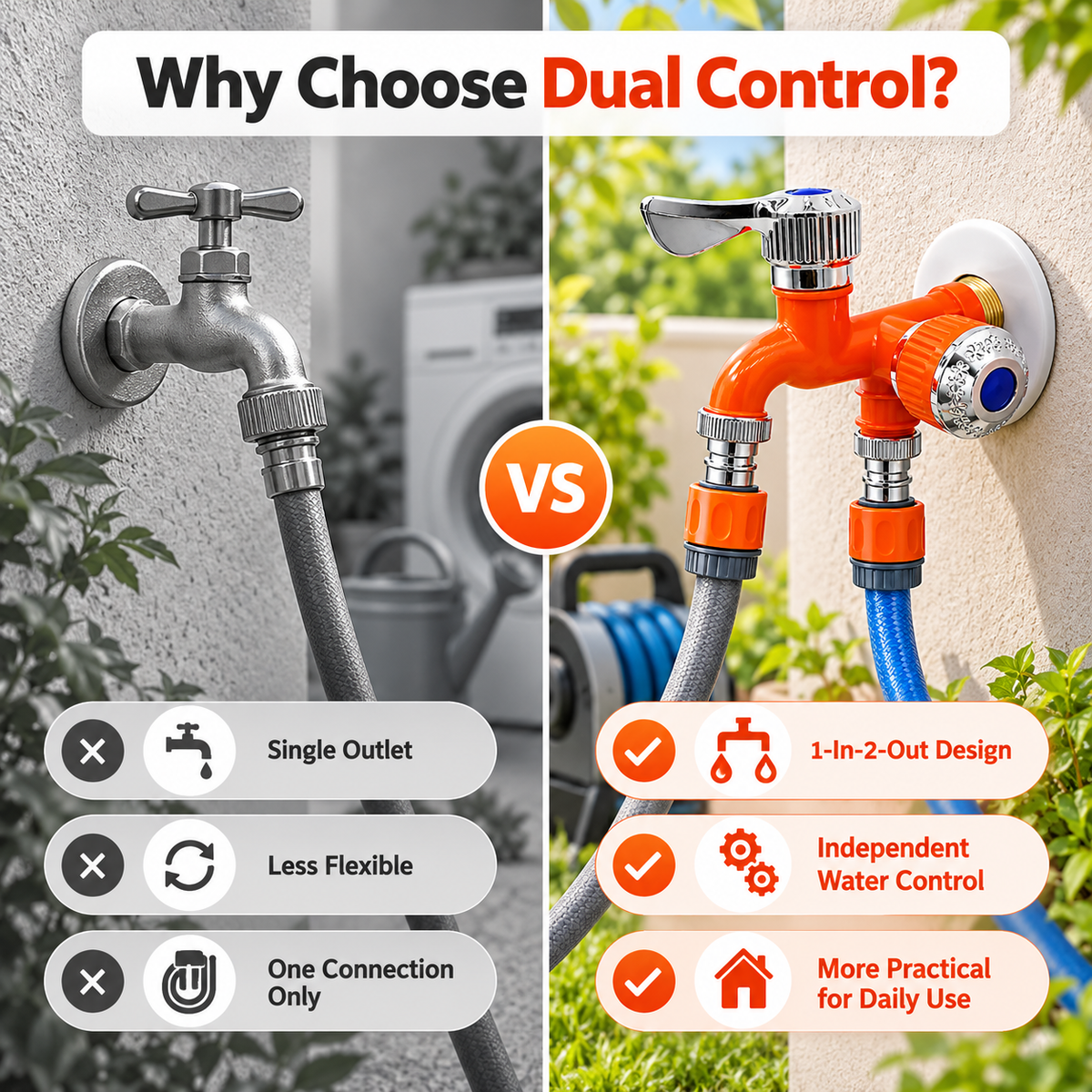 🔧 1-In-2-Out Plastic Water Tap – Dual Independent Control Valves, 3/4' Universal Fit, Leak-Proof Ceramic Core, All-Weather Resistant