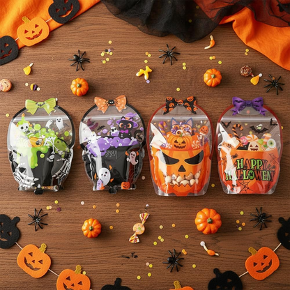 24-Pack Halloween Treat Bags with Handles – Reusable Flat-Bottom Zip Bags for Candy & Party Favors
