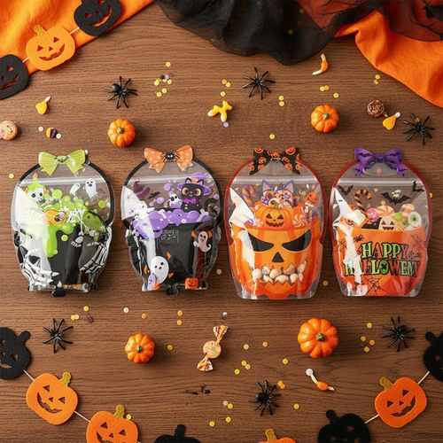 24-Pack Halloween Treat Bags with Handles – Reusable Flat-Bottom Zip Bags for Candy & Party Favors